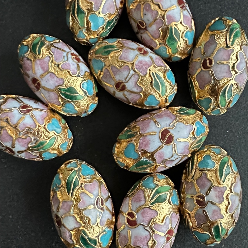 Vintage LARGE Gold Oval Cloisonné beads - Picture 2 of 3